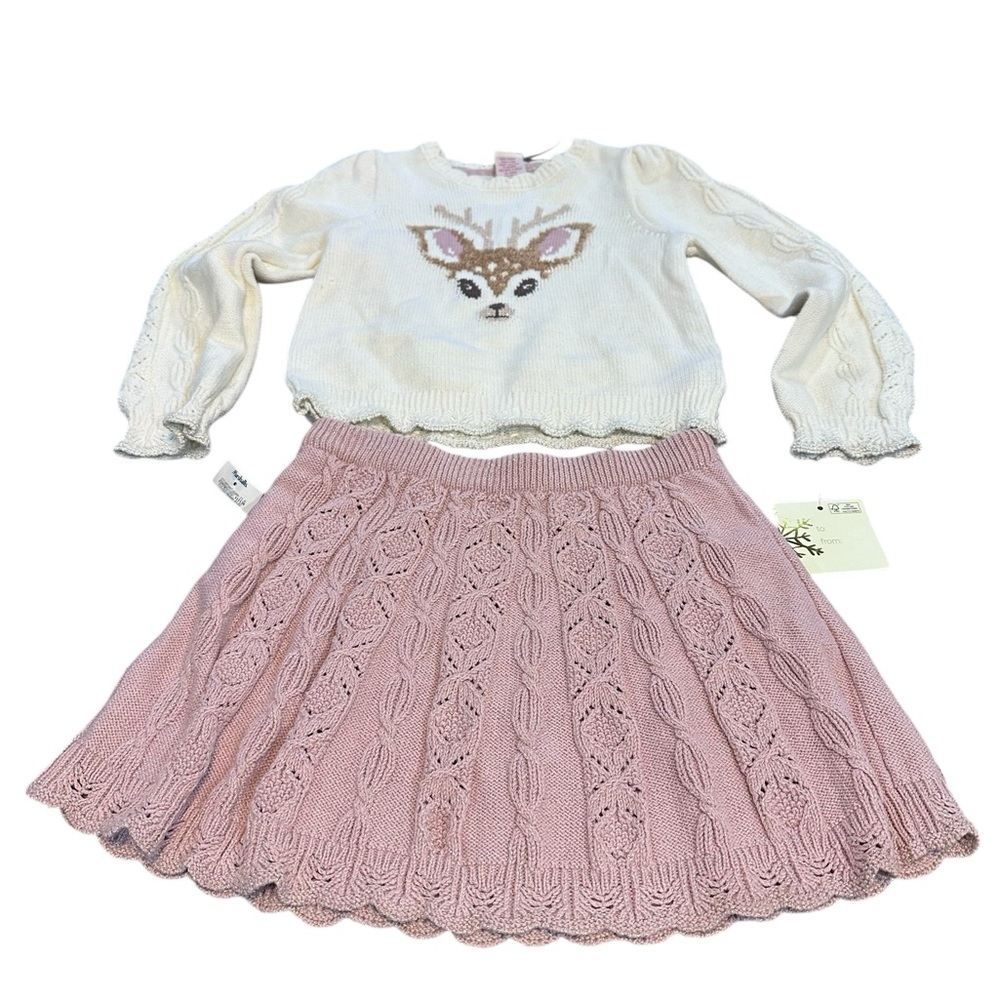Cynthia Rowley 2 piece kids Cream Sweater and mauve‎ skirt with Deer Design New